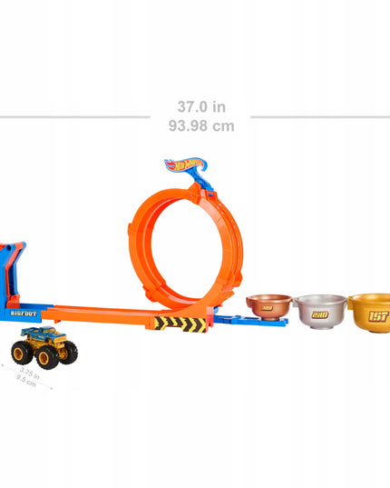 „Hot Wheels“ „Bigfoot“ trasa su kilpa ir šuoliu į trofėjų – „Monster Trucks“ rinkinys