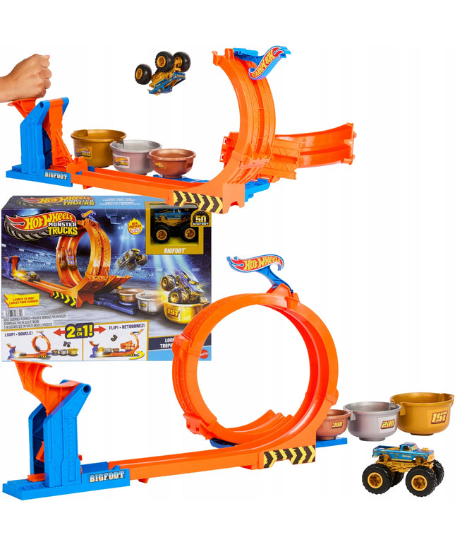 „Hot Wheels“ „Bigfoot“ trasa su kilpa ir šuoliu į trofėjų – „Monster Trucks“ rinkinys