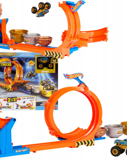 „Hot Wheels“ „Bigfoot“ trasa su kilpa ir šuoliu į trofėjų – „Monster Trucks“ rinkinys