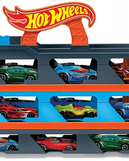 HOT WHEELS Speedway Hauler transporteris su lenktynių trasa ir 3 automobiliais
