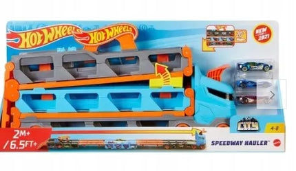 HOT WHEELS Speedway Hauler transporteris su lenktynių trasa ir 3 automobiliais
