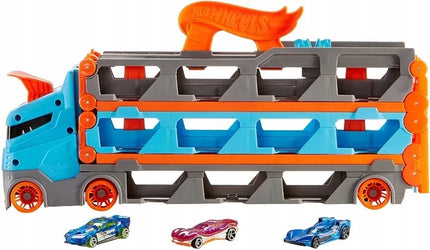 HOT WHEELS Speedway Hauler transporteris su lenktynių trasa ir 3 automobiliais