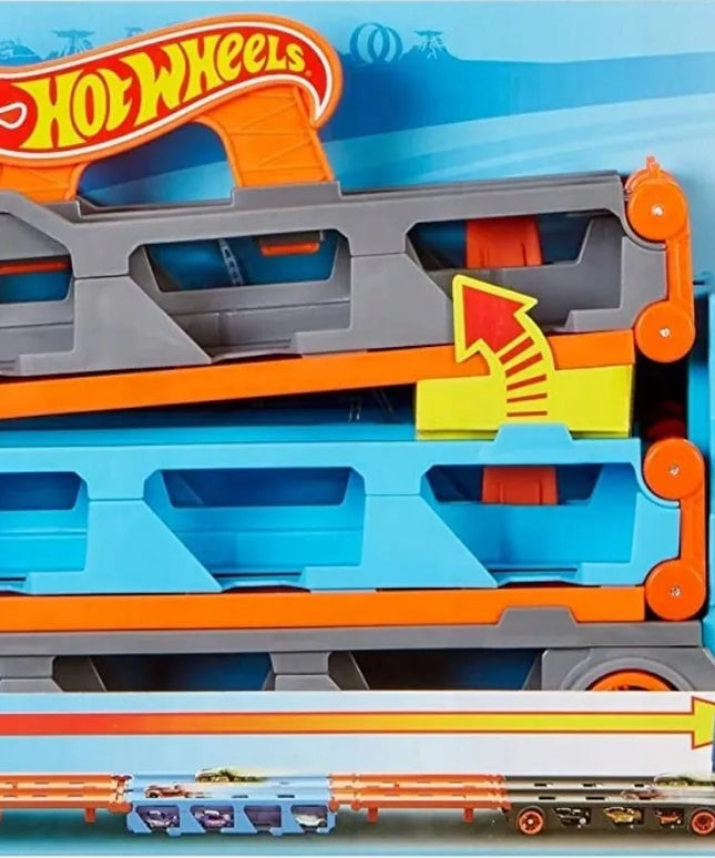 HOT WHEELS Speedway Hauler transporteris su lenktynių trasa ir 3 automobiliais