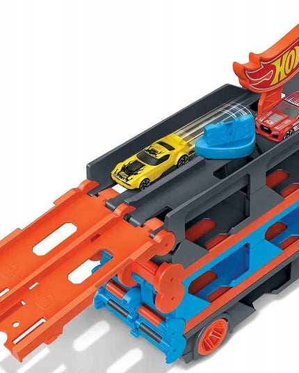 HOT WHEELS Speedway Hauler transporteris su lenktynių trasa ir 3 automobiliais