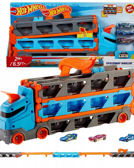 HOT WHEELS Speedway Hauler transporteris su lenktynių trasa ir 3 automobiliais