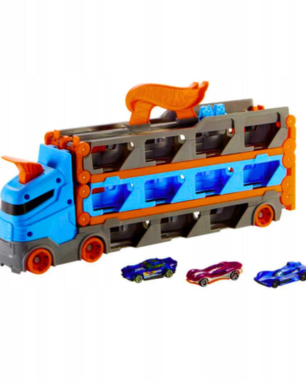 HOT WHEELS Speedway Hauler transporteris su lenktynių trasa ir 3 automobiliais