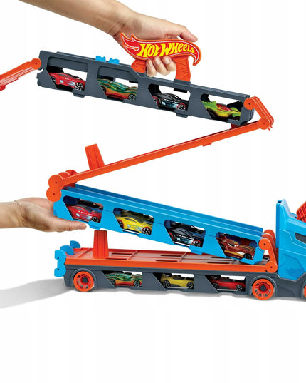 HOT WHEELS Speedway Hauler transporteris su lenktynių trasa ir 3 automobiliais