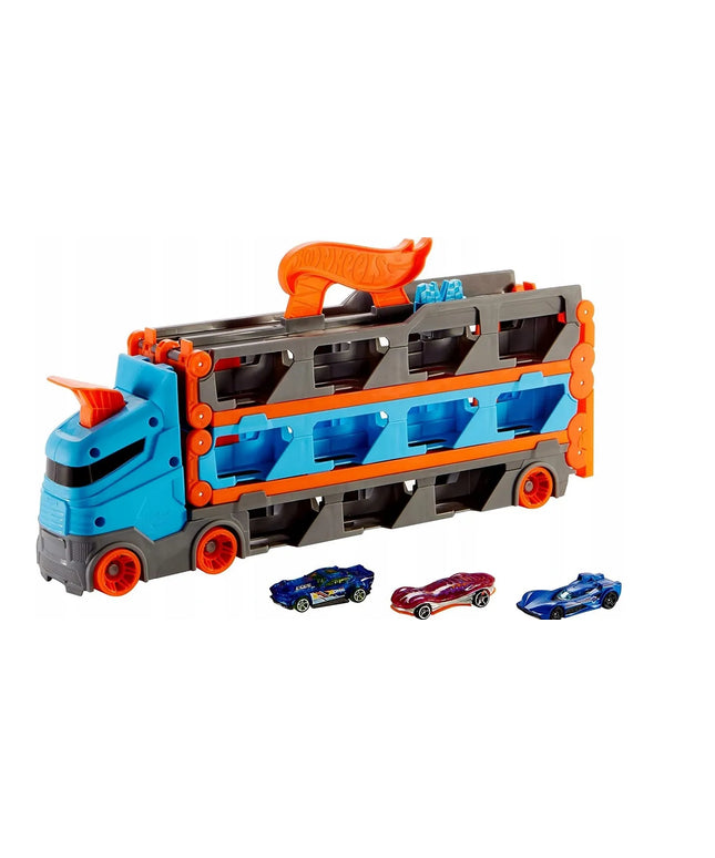 HOT WHEELS Speedway Hauler transporteris su lenktynių trasa ir 3 automobiliais