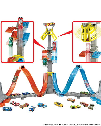 „Hot Wheels“ dvigubos kilpos trasos rinkinys „Mega bokštas 80 cm“ su automobiliuku
