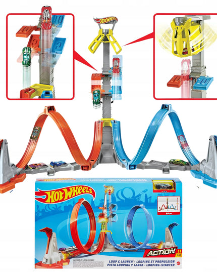 „Hot Wheels“ dvigubos kilpos trasos rinkinys „Mega bokštas 80 cm“ su automobiliuku