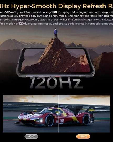HOTWAV Hyper 7 patvarus 5G telefonas – 8GB RAM + 256GB ROM, 10800mAh, 120Hz FHD+, geltonas