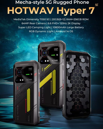 HOTWAV Hyper 7 patvarus 5G telefonas – 8GB RAM + 256GB ROM, 10800mAh, 120Hz FHD+, geltonas
