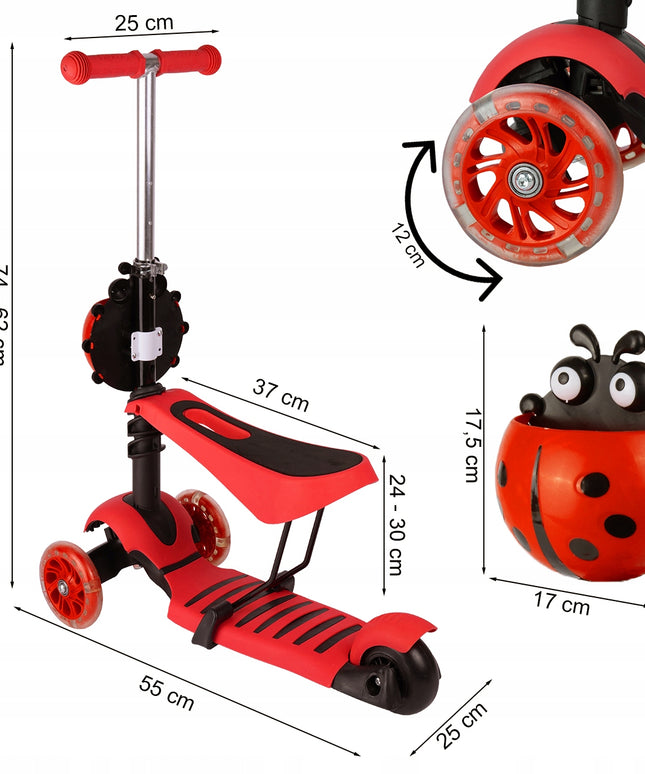 VAIKIŠKAS TRIRATIS PASPIRTUKAS SU BALANSAVIMO FUNKCIJA, ŠVIEČIANČIAIS LED RATUKAIS, BORUŽĖLĖS DIZAINAS
