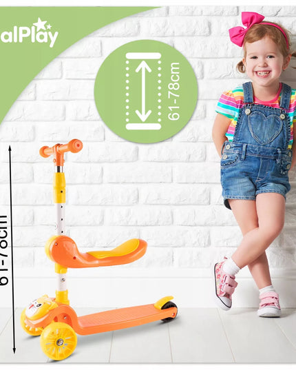MalPlay 2 viename triratis paspirtukas su sėdyne ir LED ratais, oranžinis