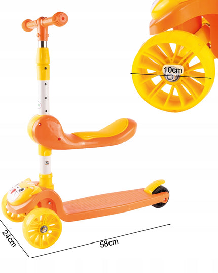 Triratė vaikiška sulankstoma 2in1 paspirtuko ir nešiynės / atramos vaikščioti funkcija su LED ratukais ir reguliavimu