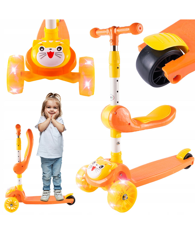 Triratė vaikiška sulankstoma 2in1 paspirtuko ir nešiynės / atramos vaikščioti funkcija su LED ratukais ir reguliavimu