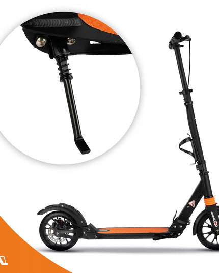 Sulankstomas paspirtukas su laikikliu gertuvei, galiniu stabdžiu, priekine ir galine amortizacija