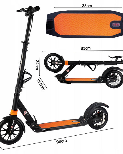 Sulankstomas paspirtukas su laikikliu gertuvei, galiniu stabdžiu, priekine ir galine amortizacija