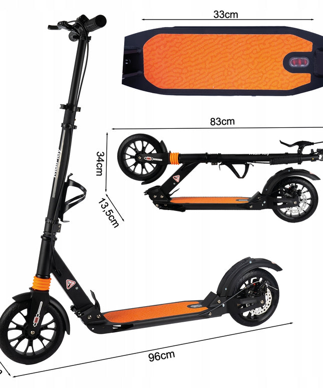 Sulankstomas paspirtukas su laikikliu gertuvei, galiniu stabdžiu, priekine ir galine amortizacija