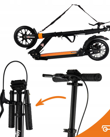 Sulankstomas paspirtukas su laikikliu gertuvei, galiniu stabdžiu, priekine ir galine amortizacija