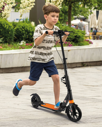 Sulankstomas paspirtukas su laikikliu gertuvei, galiniu stabdžiu, priekine ir galine amortizacija