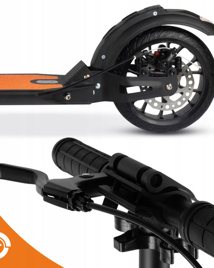 Sulankstomas paspirtukas su laikikliu gertuvei, galiniu stabdžiu, priekine ir galine amortizacija