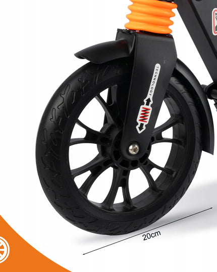 Sulankstomas paspirtukas su laikikliu gertuvei, galiniu stabdžiu, priekine ir galine amortizacija