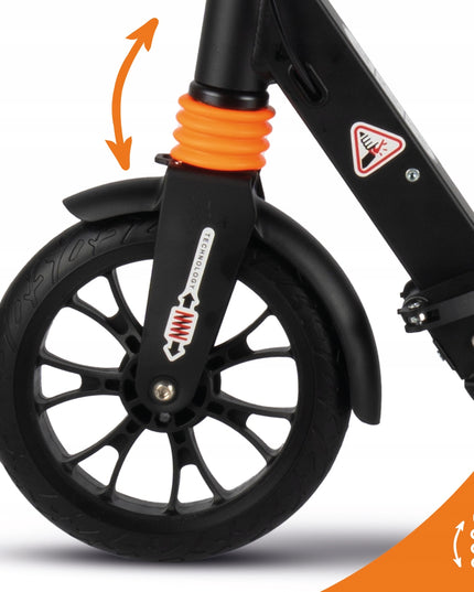 Sulankstomas paspirtukas su laikikliu gertuvei, galiniu stabdžiu, priekine ir galine amortizacija