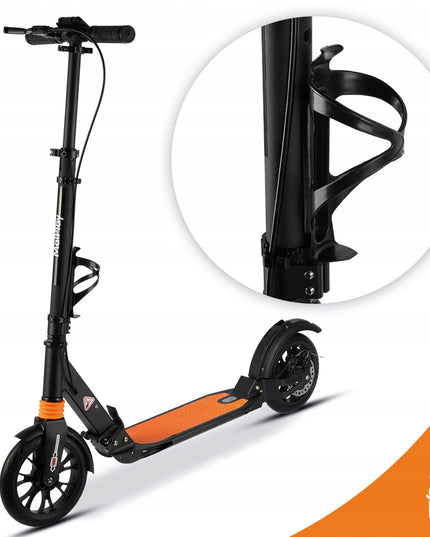 Sulankstomas paspirtukas su laikikliu gertuvei, galiniu stabdžiu, priekine ir galine amortizacija