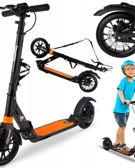 Sulankstomas paspirtukas su laikikliu gertuvei, galiniu stabdžiu, priekine ir galine amortizacija