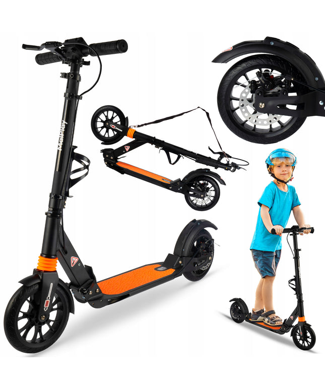 Sulankstomas paspirtukas su laikikliu gertuvei, galiniu stabdžiu, priekine ir galine amortizacija