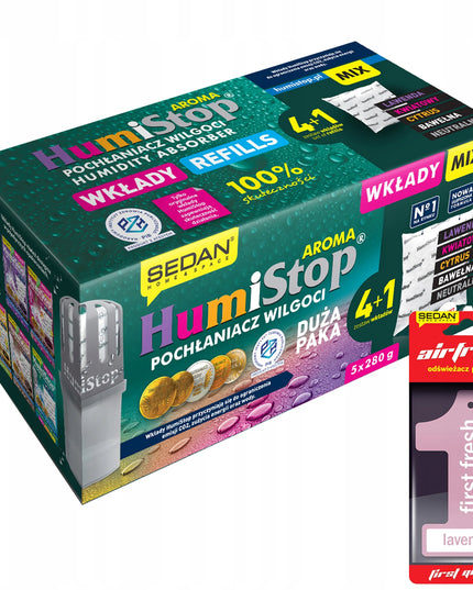 HUMISTOP pakaitinė kasetė drėgmės sugėrikiui, 5 vnt. MIX + kvapni pakabutė