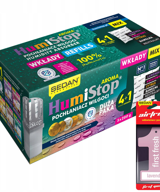 HUMISTOP pakaitinė kasetė drėgmės sugėrikiui, 5 vnt. MIX + kvapni pakabutė