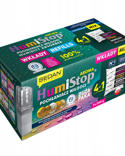 HUMISTOP pakaitinė kasetė drėgmės sugėrikiui, 5 vnt. MIX + kvapni pakabutė