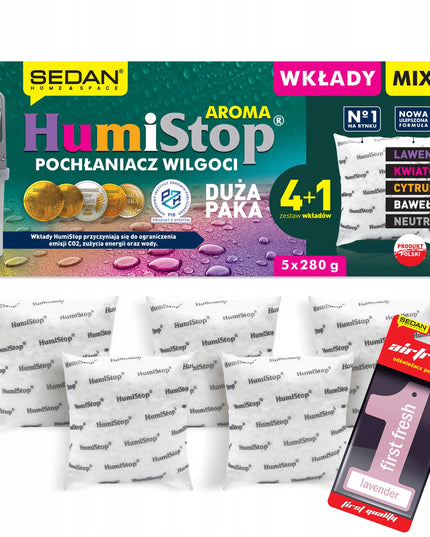 HUMISTOP pakaitinė kasetė drėgmės sugėrikiui, 5 vnt. MIX + kvapni pakabutė
