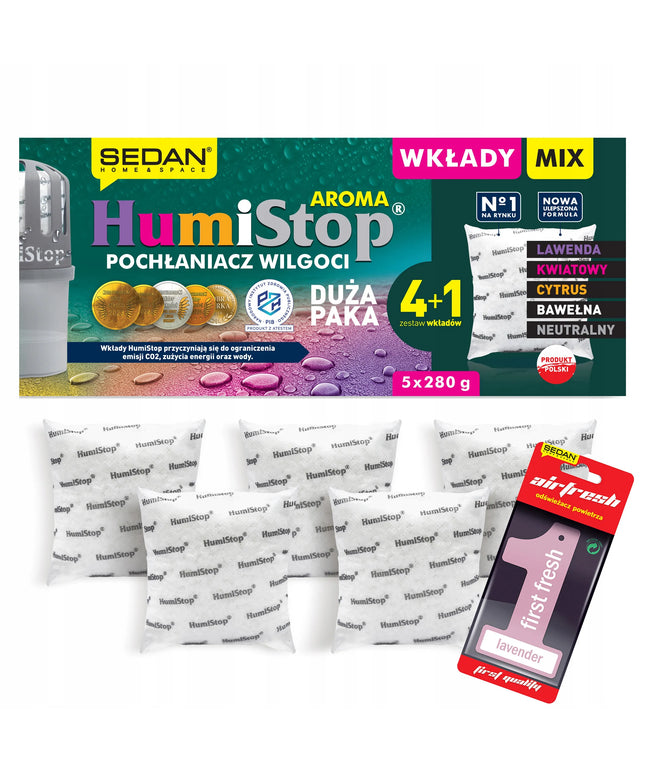 HUMISTOP pakaitinė kasetė drėgmės sugėrikiui, 5 vnt. MIX + kvapni pakabutė