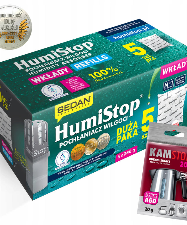 HUMISTOP papildomi drėgmės sugėriklio paketai, 5 vnt. + nukalkinimo priemonė DOVANŲ