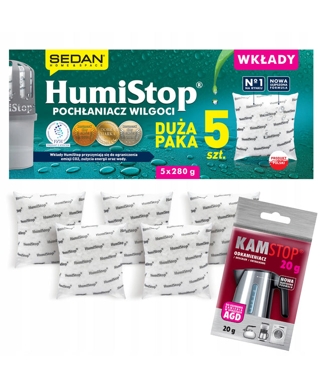 HUMISTOP papildomi drėgmės sugėriklio paketai, 5 vnt. + nukalkinimo priemonė DOVANŲ