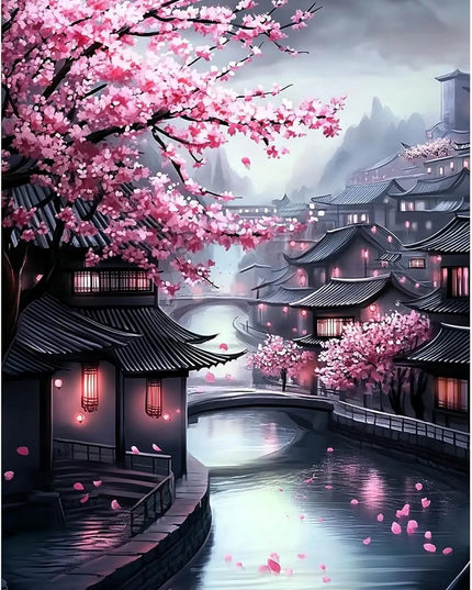 Diamond painting rinkinys „Japonija – žydinti vyšnia“ su priedais