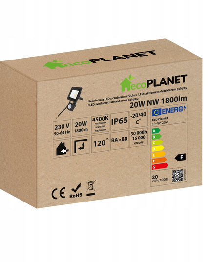 LED Halogenas 20W 1800lm Prožektorius su judesio ir sutemų davikliu IP65