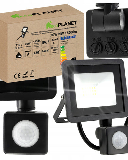 LED Halogenas 20W 1800lm Prožektorius su judesio ir sutemų davikliu IP65