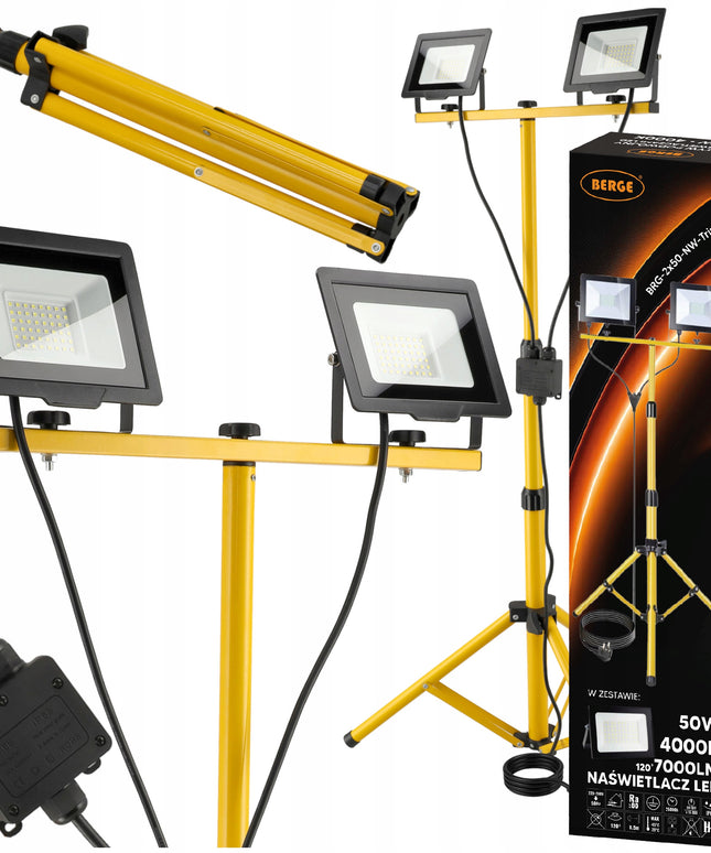 LED statybinis prožektorius su stovu 2x 50W, 4000K, 7000lm rinkinys