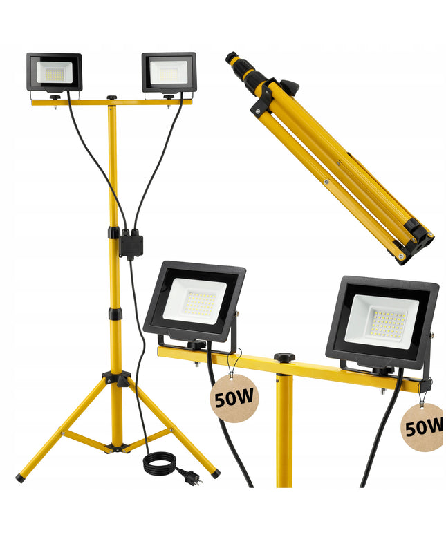 LED statybinis prožektorius su stovu 2x 50W, 4000K, 7000lm rinkinys