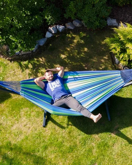 Dvivietis sodo hamakas POTENZA SINGA 220x160cm, žalias, su virvėmis ir dėklu