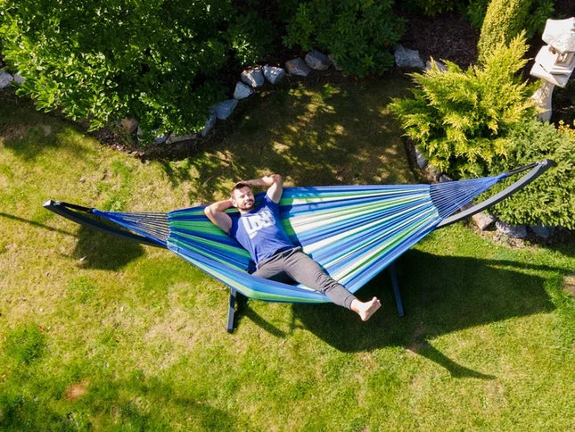 Dvivietis sodo hamakas POTENZA SINGA 220x160cm, žalias, su virvėmis ir dėklu