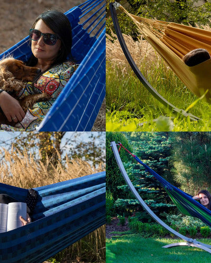 Hamakas su plieniniu stovu KOMPAKT, rinkinys terasai, POTENZA sodo hamakas