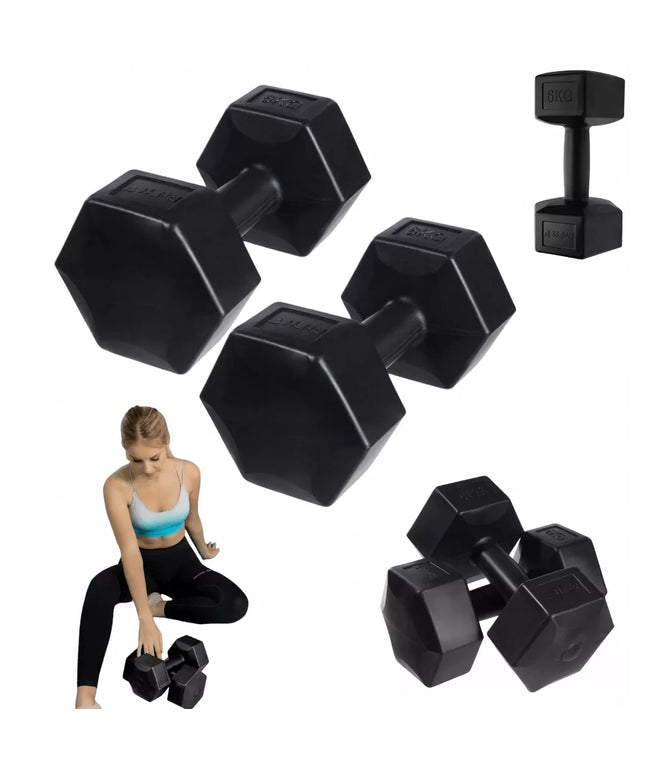 DrFit Heksagoniniai hanteliai mankštai, Pilates, jėgos treniruotėms, 2x6 kg, juodi