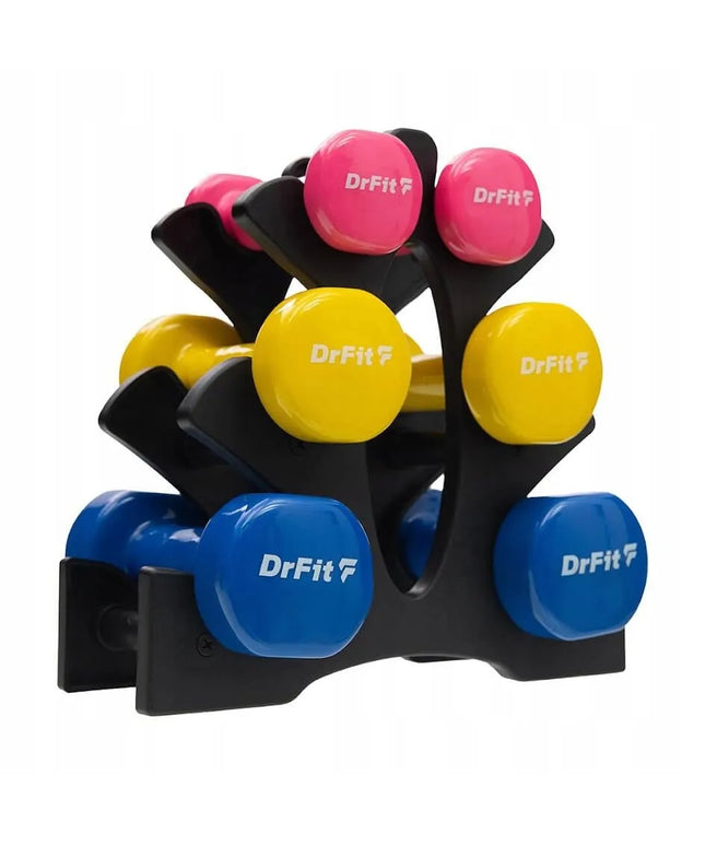 DrFit 6 vnt. spalvotų hantelių rinkinys su stovu, 12 kg - Cardio, Fitnesui, Pilatesui