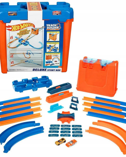 „Hot Wheels“ „Deluxe Stunt Box“ kaskadinių triukų rinkinys su dėže ir 2 automobiliukais GGP93