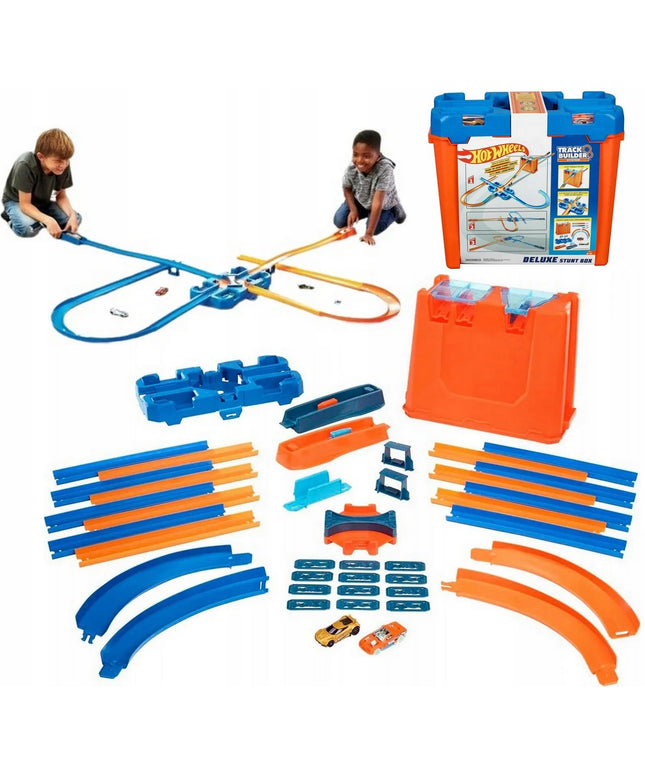 „Hot Wheels“ „Deluxe Stunt Box“ kaskadinių triukų rinkinys su dėže ir 2 automobiliukais GGP93
